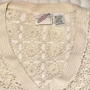 Unique 70s Vintage Cream Crochet Floral Crop Top Sweater
